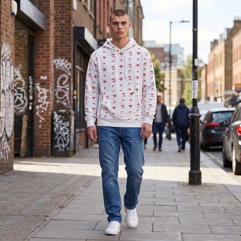 DJAB Tees long sleeves Men Medium White Red Flamingo Print Pullover 100% Cotton